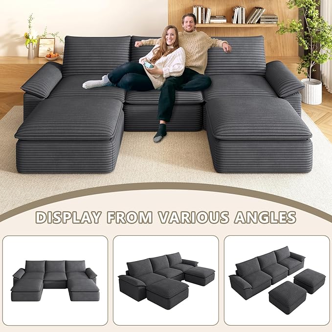 111" Cloud Sectional Couch with U-Shaped Chaise, Corduroy Sectional Sofa with Ottoman, Boneless Couch with Deep Seat in a Box for Living Room, No Assembly Required (Dark Grey)