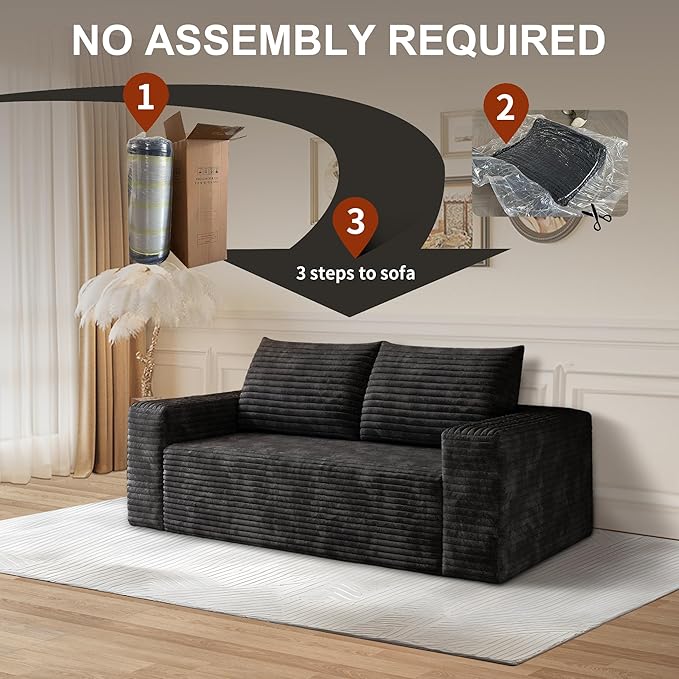 63" Corduroy Loveseat Sofa, 2-Seater Cloud Couch, Boneless Couch in a Box, Comfy Deep Seat Sofa with Memory Foam, Pillows and Wide Armrests, Modern Small Couches for Small Spaces, No Assembly (Black)