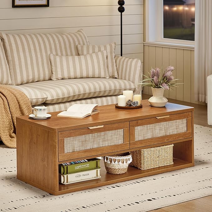LEYAOYAO Boho Rattan Coffee Table and End Table Sets, 48" Wide Center Tables & 23" Night Stand with Charging Station Chest of Drawers, Brown Wood Coffee Table for Living Room 3 Piece Set