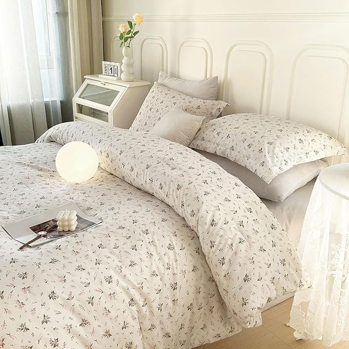 EAVD Vintage Style Garden Pink Floral Bedding Full Size Comfortet Set Boho Soft Washed Microfiber Bedding Comforter Set 1 Pink Floral Comforter and 2 Pillowcases Chic Botanical Comforter Set