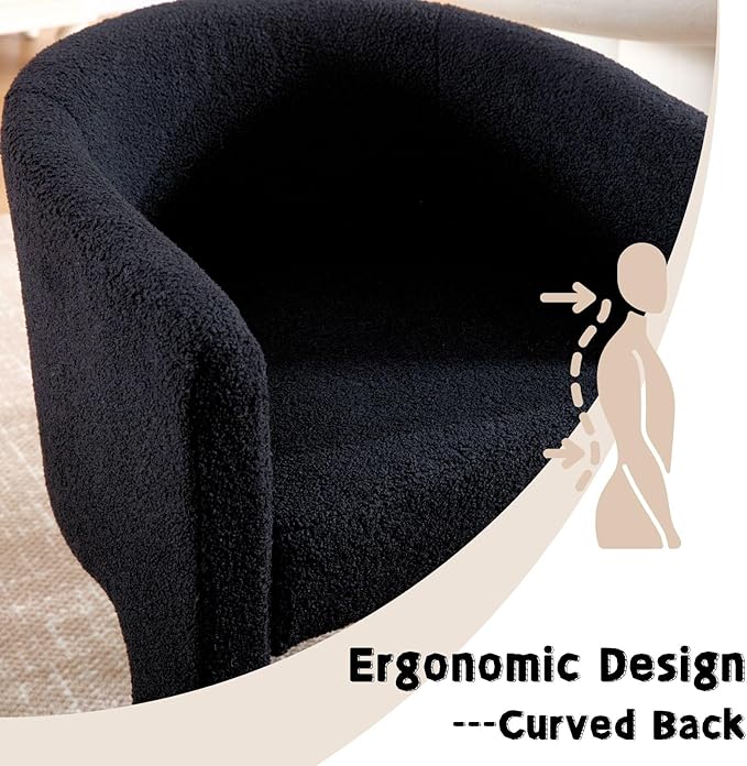 Modern Sherpa Barrel Dining Chairs Set of 2, Upholstered Boucle Dining Chairs Accent Chairs with Arms Comfy Makeup Vanity Chairs, Dining Living Room Kitchen Chairs, Black