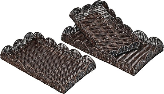 happimess TRY2001B-3SET Parker Southwestern Cottage Resin Scalloped Rectangular Decorative Serving Trays, Dark Brown (Set of 3) for Storage and Decoration in Bathroom, Bedroom, Living Room