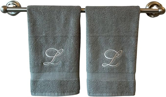 Gray Monogrammed Hand Towels for Bathroom - Luxury Hotel Quality Personalized Initial Embroidered Towel for Powder Room, Spa - GOTS Organic Certified - Set of 2 Silver Letter L