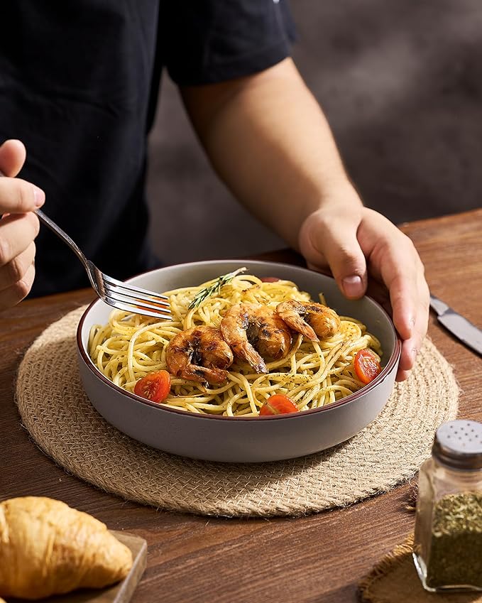famiware Mercury Pasta Bowls Set of 8, 33 oz Large Salad Bowls, Ceramic Pasta Plates Bowls, Serving Bowls for Kitchen, Microwave & Dishwasher Safe, Dark Gray