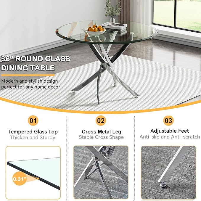 Goujxcy Small Round Dining Table Set for 4, Modern Glass Kitchen Table Chairs Set of 4, 5-Piece Dining Table Set w/36 Circle Silver Glass Dining Room Table and 4 Blue Upholstered Dining Chairs