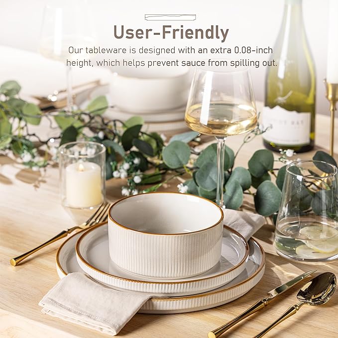 GBHOME Stoneware Dinnerware Sets for 4,Round Reactive Glaze Ceramic Plates and Bowls Set,Highly Scratch Resistant | Dishwasher & Microwave Safe Dishes Set,Service for 4(12Pcs),Pearl White