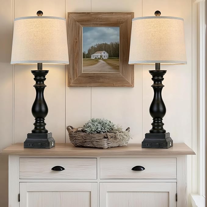 28" Farmhouse Table Lamps Set of 2 with USB C+A Ports and AC Outlet, 3 Way Touch Tall Vintage Bedside Lamp for Living Room, Black Rustic Nightstand Lamp for Bedroom Office