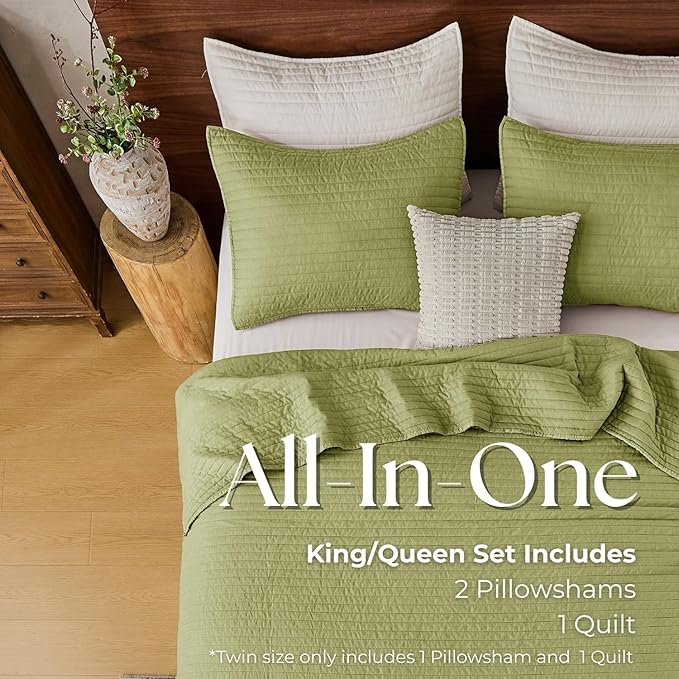 DOWN HOME Twin Quilt Bedding Set with Sham, Vintage Washed Soft Quilted Blanket Thin Comforter Lightweight Bedspread Coverlet Bed Cover, Brushed Microfiber Stripe Stitching, Golden Olive, 66"x92"