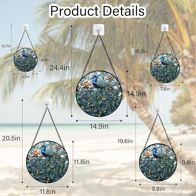 Stained Glass Window Hanging, Blue Peacock Decoration Suncatcher for Door Garden Home Flower Bird Sun Catchers Christmas Mother's Day Birthday Gifts for Women Men Mom Nana Friend 14.9 in