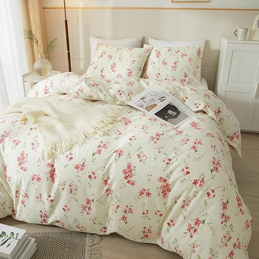 Boho Floral Duvet Cover King Soft Cotton Pink Floral Bedding Set King Chic Garden Style Cute Flower Pattern Duvet Cover Vintage Floral Botanical Comforter Cover 1 King Duvet Cover with 2 Pillowcases