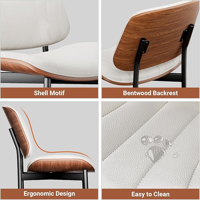 Dining Chairs Set of 8, Dining Room and Kitchen Chairs, Mid Century Modern Accent Chair, Upholstered PU Leather Chairs for Vanity with Walnut Bentwood and Metal Legs, Beige