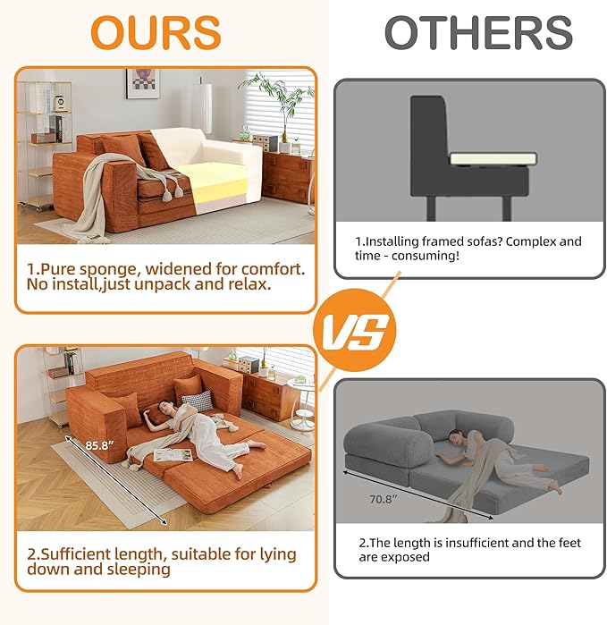 HOMREST 76" Convertible Memory Foam 3-seat Sofa, Pull Out Sleeper Sofa Bed, 2 in 1 Folding Couch Bed, Fold Out Floor Couch Corduroy Fabric with 3 Pillows for Living Room Bedroom Lounge (Brown)