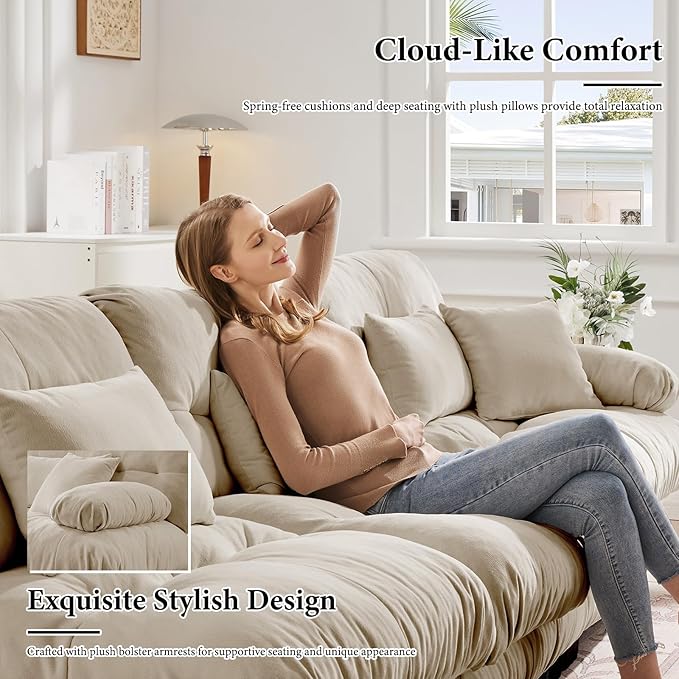 173.2" Oversized Couch, 4 Seater Modular Sectional Sofa, Beige Sectional Fluffy Chenille Cloud Couch Set with 6 Pillows, Deep Seat Sofas for Living Room