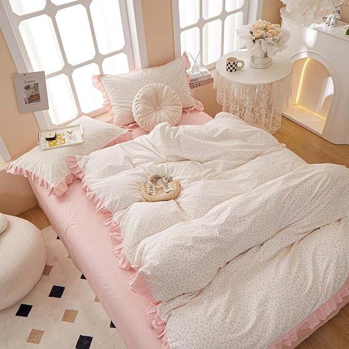 Pink Floral Ruffle Duvet Cover Twin 100% Cotton Pink Flower Duvet Cover Girls Romantic Comforter Cover Princess Lace Coquette Bedding Set Vintage Aesthetic Bedding Cute Flower Comforter Cover Twin