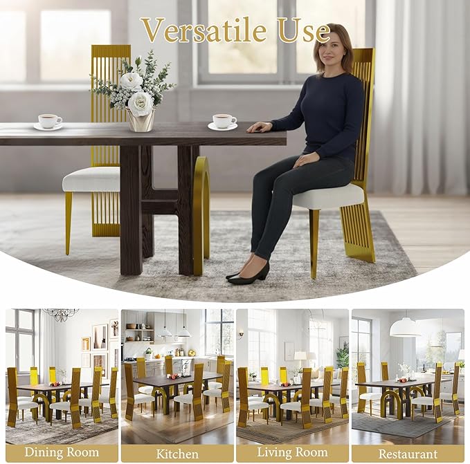 White and Gold Dining Chairs Set of 2, Upholstered High Back Dining Chairs with Brushed Stainless Steel Backrest and Legs, Modern Luxury Dining Room Chairs for Kitchen Living Room Restaurant