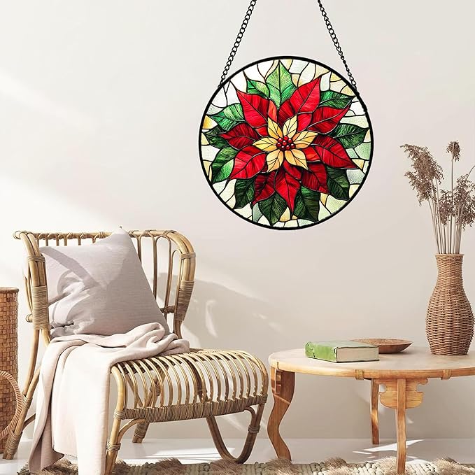 Stained Glass Window Hanging - Red Poinsettia Birth Flower Sun Catcher for Door Garden Home Decor Suncatcher Christmas Mother's Day Birthday Gifts for Women Men Mom Girl Nana Friend 11.8 in