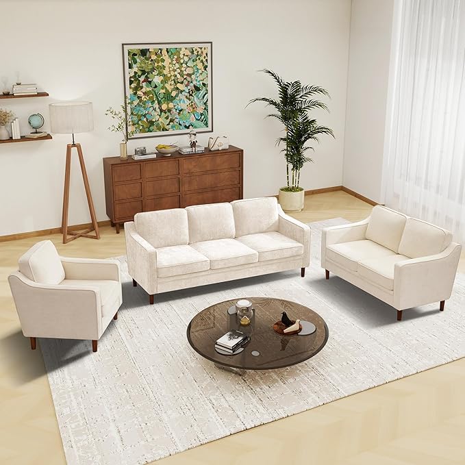 Kingfun Living Room Furniture Sets, 3 Seater Couch, Armchair and Loveseat, Mid Century Modern Sofa Set, Chenille Couch with Solid Wood Frame for Living Room & Bedroom, Beige