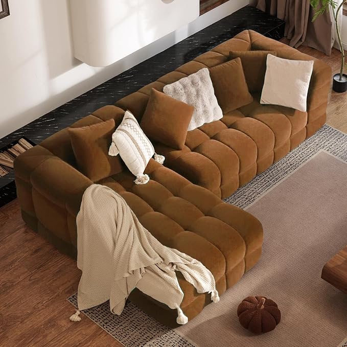 107" Boneless Couch with L - Shaped Chaise, Modern Chenille Modular Sectional Sofa with Tufted Design, Comfy Upholstered Sofa, No - Assembly Sectional Couch, Brown