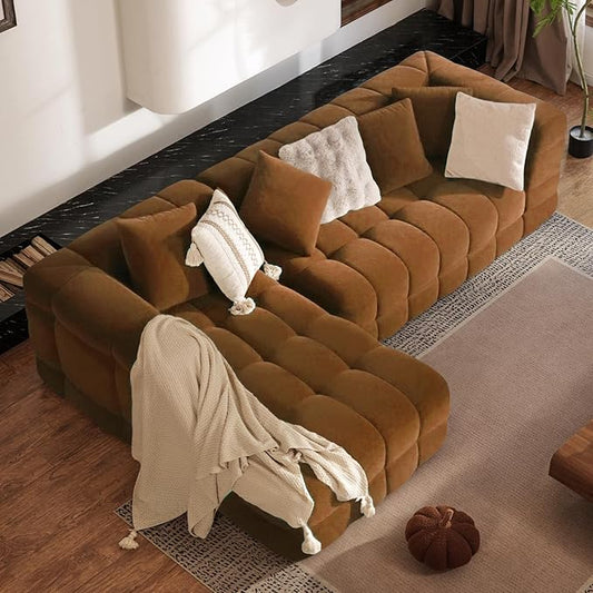 107" Boneless Couch with L - Shaped Chaise, Modern Chenille Modular Sectional Sofa with Tufted Design, Comfy Upholstered Sofa, No - Assembly Sectional Couch, Brown
