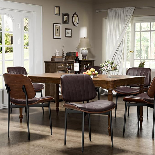Dining Chairs Set of 6, Dining Room and Kitchen Chairs, Mid Century Modern Accent Chair, Upholstered PU Leather Chairs for Vanity with Walnut Bentwood and Metal Legs, Brown