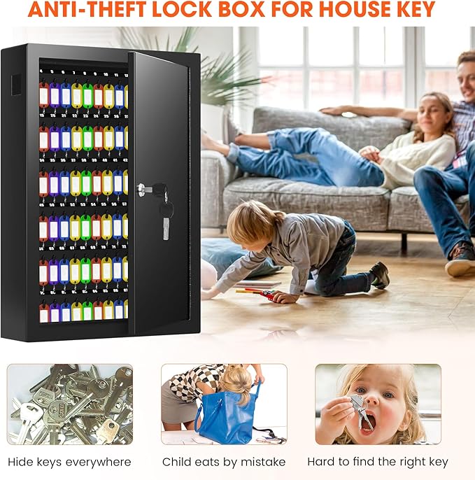 125 Key Lock Box Wall Mount with Anti-Theft Deposit Key Slot, Key Cabinet with Key Hooks & 125 Tags Key Labels, Key Safe for Hotels & Office & Companies & Car Dealerships