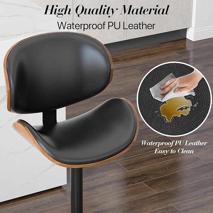 Adjustable Swivel Bar Stools 1 PC, Modern Bentwood Barstool with Large Metal Base and Footrest, PU Leather Upholstered Bar Chair with Curved Back for Kitchen Island Dining Room, Black