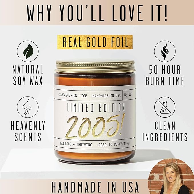 20th Birthday Gifts for Women - 'Limited Edition 2005' Soy Candle, w/Champagne on Ice I 20 Birthday Gifts for Women I 20th Gift for Her Ideas I 9oz Reusable Jar, 50Hr Burn, Made in USA