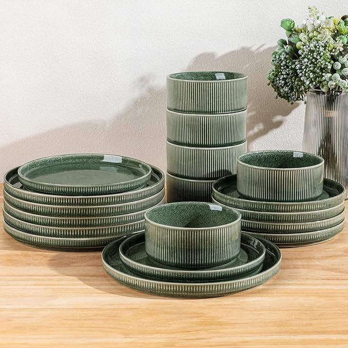 GBHOME Stoneware Dinnerware Sets for 4,Round Reactive Glaze Ceramic Plates and Bowls Set,Highly Scratch Resistant| Dishwasher & Microwave Safe Dishes Set,Service for 4(12Pcs),Dark Green