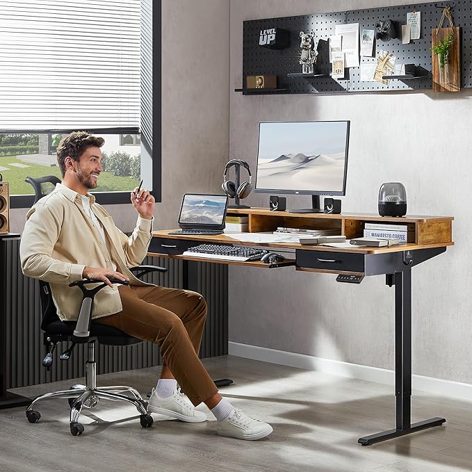 63x24 Inches Electric Standing Desk with Keyboard Tray, Height Adjustable Stand up Desk with 2 Drawers, Ergonomic Sit to Stand Desk with Storage Monitor Stand, Computer Table, Rustic Brown