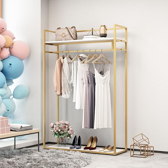 Heavy Duty Clothing Rack with Shelves for Hanging Clothing, Gold Metal Freestanding Garment Rack for Retail Display (47.24" L)