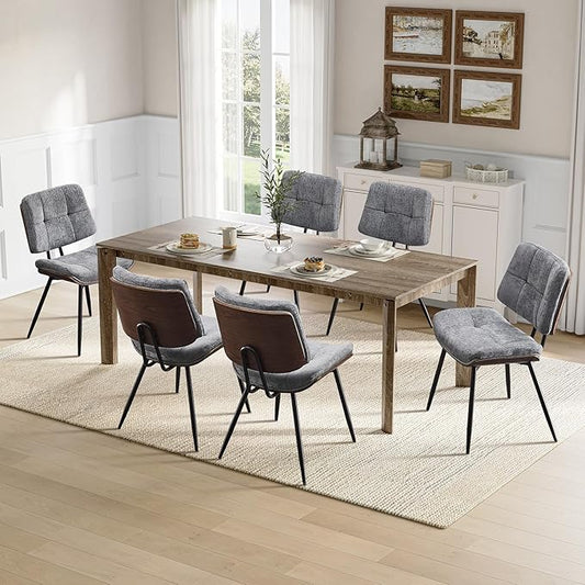 Dining Chairs Set of 6,Mid Century Modern Kitchen Chairs with Walnut Bentwood Back and Metal Legs,Upholstered Fabric Dining Room Chairs for Kitchen, Living Room,Grey