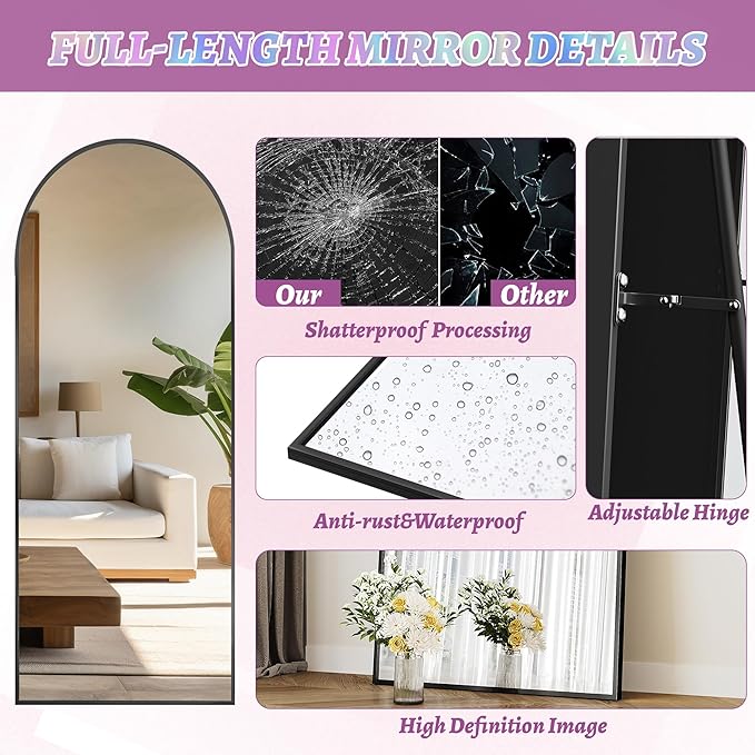 Full Length Mirror, 57"x19" Arched Floor Mirror Freestanding, Floor Standing Full Body Mirror with Stand for Bedroom, Hanging Mounted for Living Room Cloakroom, Black