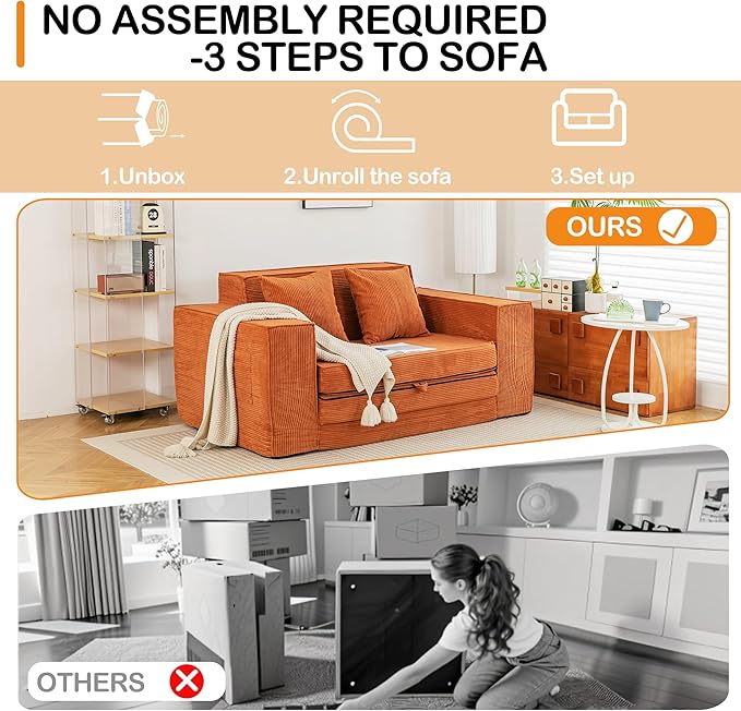 HOMREST 63" Convertible Memory Foam 3-seat Sofa, Pull Out Sleeper Sofa Bed, 2 in 1 Folding Couch Bed, Fold Out Floor Couch Corduroy Fabric with 2 Pillows for Living Room Bedroom Lounge (Brown)