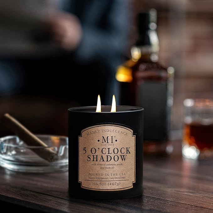 Manly Indulgence 5 O'Clock Shadow Scented Candle for Men 16.5 oz | 2 Wick & 2X Intense Fragrance | Oakmoss, Musk & Fresh Air | Up to 60 Hour Burn, Soy Blend Wax, USA Poured, Black