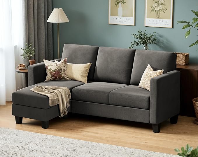VICTONE Convertible Sectional Sofa Couch, 3 Seat L-Shaped Sofa with Linen Fabric Ottoman Small Couch for Small Apartments, Living Room and Office (Linen Fabric, Dark Gray)