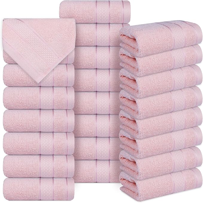 Casa Lino Face Towels & Body Wash Cloths for Showering - 100% Cotton Wash Cloths for Bathroom - Highly Absorbent & Quick Drying Washcloth Set - Cotton Washcloths 24 Pack (12" x 12") - (Blush Pink)