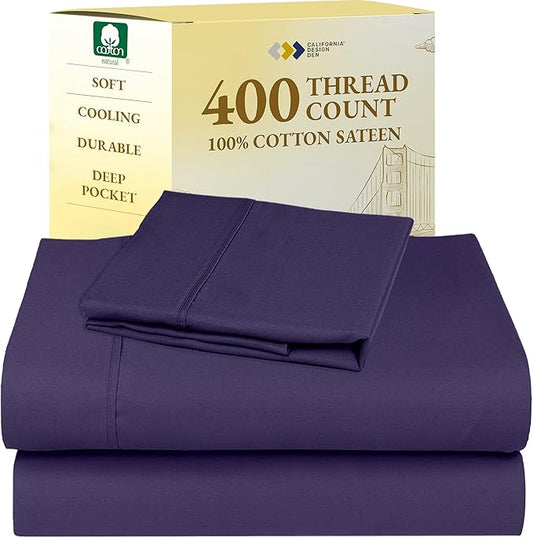 California Design Den Twin XL Sheet Sets - 400 Thread Count Sateen, 100% Cotton Sheets Set, Deep Pockets, Cooling and Durable Bedding for Dorm Rooms & Adults - Purple
