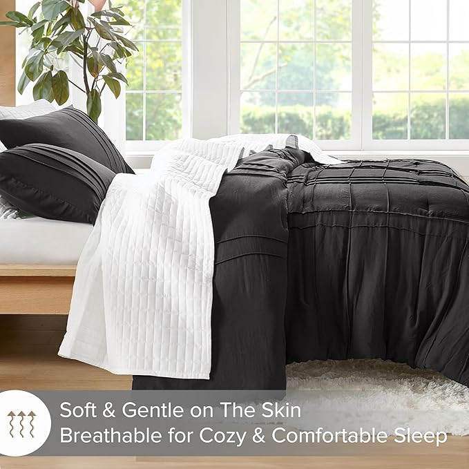 Comfort Spaces Black Full Size Comforter Set - 3 Pieces Pintuck Pleated Bedding Sets All Season Lightweight, Extra Softness Pre-Washed Microfiber Bed Set, Shams