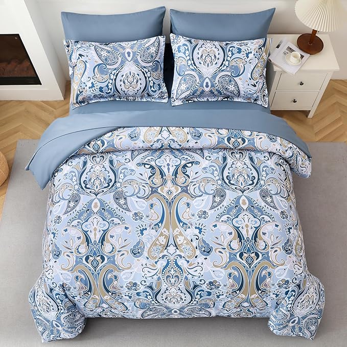 Drucon Blue Paisley Comforter Set King, 7 Pieces Bed in a Bag Boho Comforter Soft Microfiber Blue Paisley Bedding(1 Comforter, 1 Flat Sheet, 1 Fitted Sheet, 2 Pillow Shams, 2 Pillowcases)