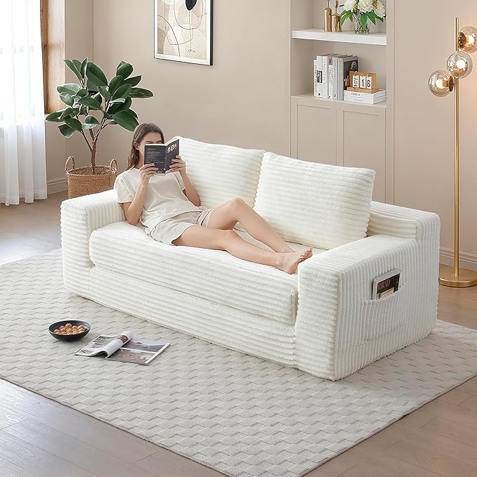 73" Cloud Loveseat Sofa Couch in a Box, 2 Seater Boneless Couch, Convertible Pull Out Sofa Bed with Pillows, No Assembly, Memory Foam, Modern Small Couches for Small Spaces (A-Beige)