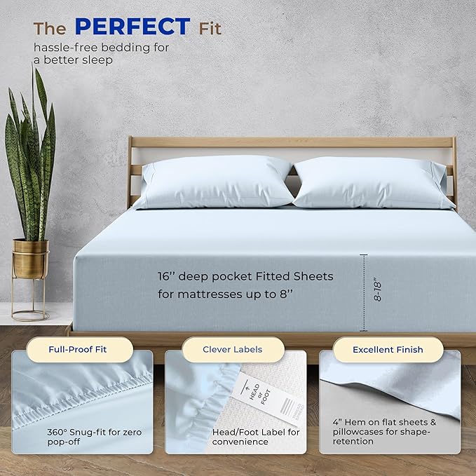 THREAD SPREAD 100% Pure Egyptian Cotton Sheets Twin XL Size - High Thread Count 3 PC Twin XL Sheet Sets Cotton, College Dorm Sheets Twin XL Set, 16" Deep Pocket Luxury Soft Cooling Sheet - Light Blue
