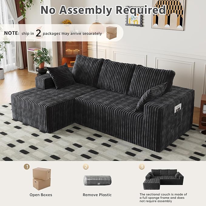 94" Cloud Sectional Couch with L-Shape Chaise,4 Seat Modern Modular Sofa with Side Pockets,Upholstered Couches for Living Room Bedroom, Boneless Couch,No Assembly Required