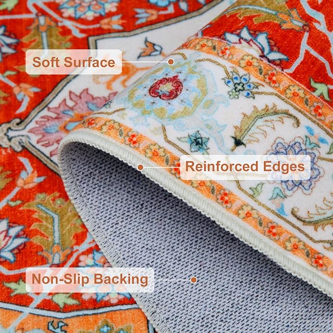 WILLSUN Washable Area Rugs, 9x12 Non-Slip Boho Large Area Rugs for Living Room, Bedroom, Machine Washable Vintage Rug, Indoor Floral Print Carpet for Home Decor, Kid & Pet Friendly Mat