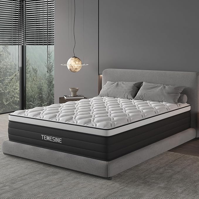 King Size Mattress, 12 Inch Hybrid Mattress in a Box with Individual Pocket Spring, Gel Memory Foam and Euro Top, Medium Firm Feel with Motion Isolation, Pressure Relief, Edge Support,Black