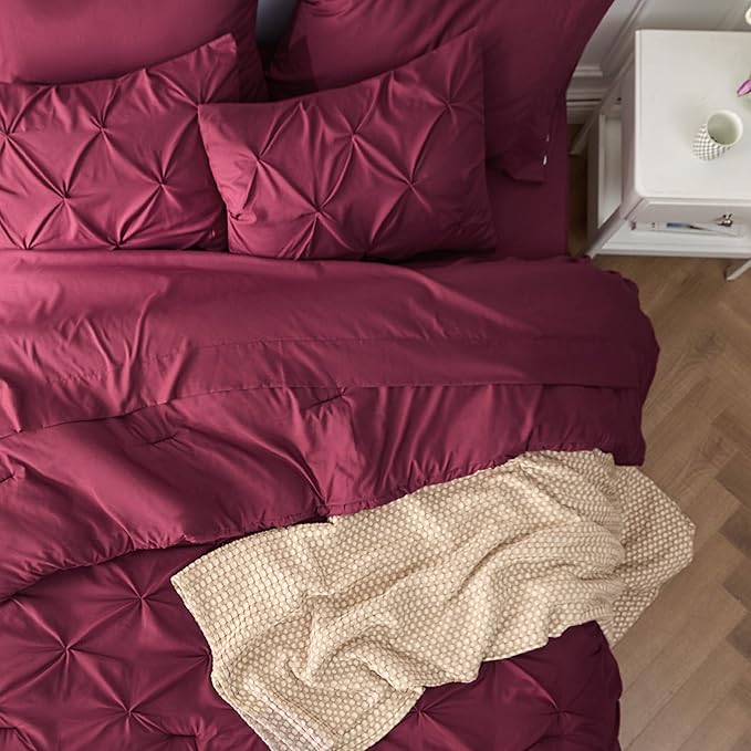 Bedsure Twin Comforter Set Burgundy - Bed in a Bag Twin Size Bedding 5 Pieces, GentleSoft™ Pintuck Bed Set Gift for Family, Pinch Pleat Burgundy Comforter with Sheets, Pillowcase & Sham