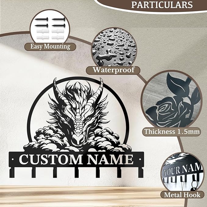 Customized Name Key Hook - Evil Dragon Design Keys Holder Decor Black Iron Metal Wall Organizer for Home & Office (Multiple Sizes) (Style E)