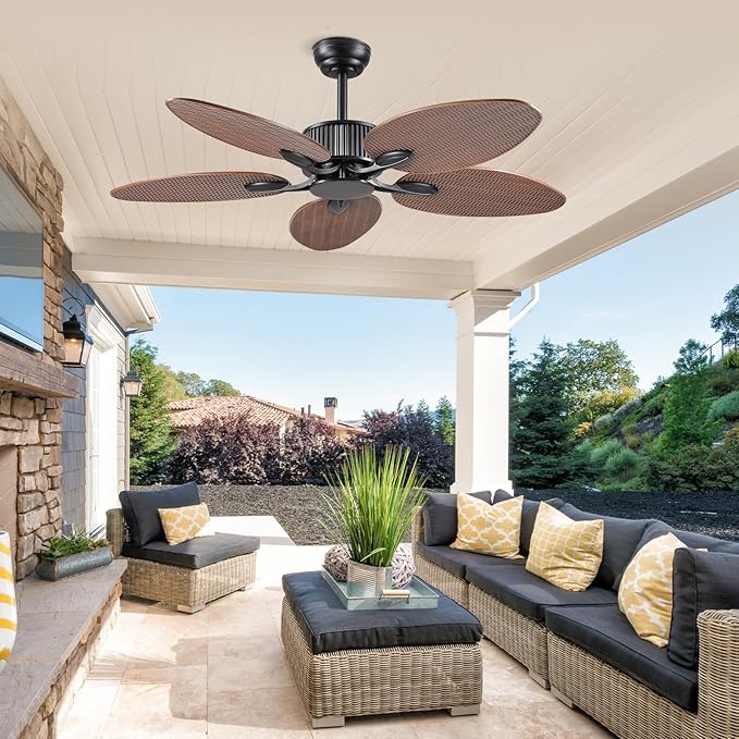 50 Inch Tropical Ceiling Fan no Light, Outdoor Waterproof Palm Leaf Ceiling Fans for Patios Porches, Remote +APP Control, Wet Rated, 6 Speeds, Quiet, Brown