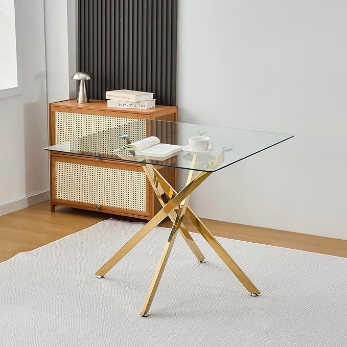 36" Square Glass Dining Room Table for 4 with Tempered Glass Top and Gold Chrome Metal Legs, Modern Clear Kitchen and Dinner Table for Home Office Dining Room