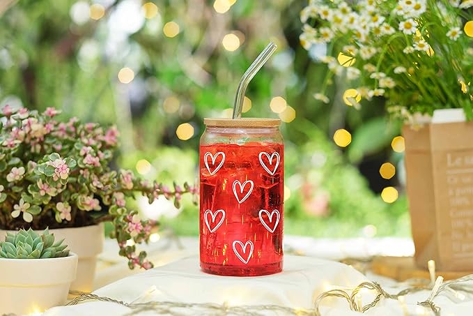 NewEleven Cute Glass Coffee Cups With Lids And Straw – Aesthetic Cups – Iced Coffee Cup, Coffees Tumbler – Christmas Gifts For Women, Friends, Coffees Lover - 16 Oz Coffee Glass