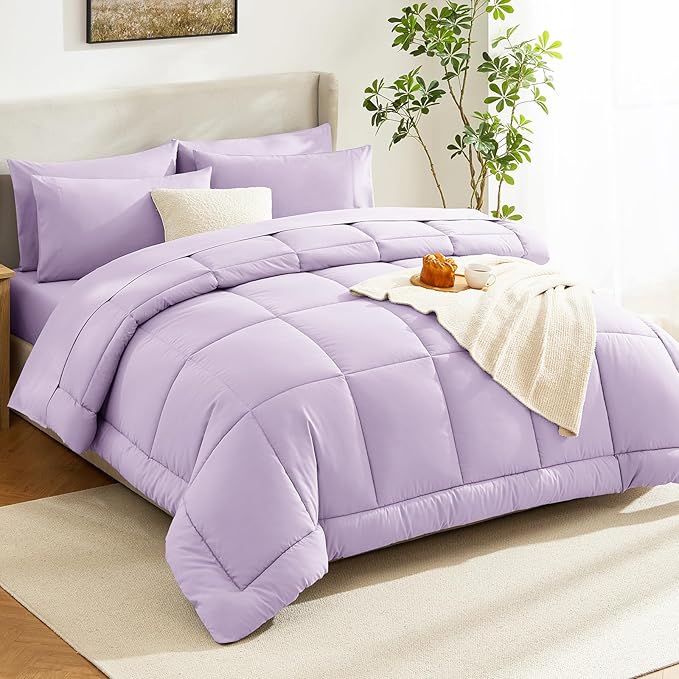 CozyLux Full Size Comforter Sets Lavender, 7 Pieces Bed in a Bag, Light Purple Comforter Full Size, All Season Bedding Sets with Stitch Quilted Comforter, Flat Sheet, Fitted Sheet, Pillowcases